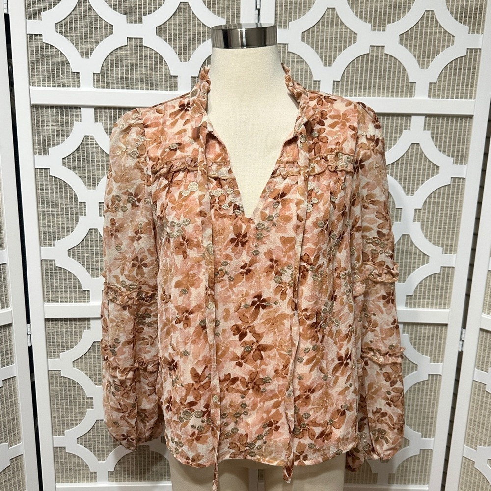 Anthropologie BTFL-life‎ Floral Puff Sleeve Blouse Womens M Cottage Ruffle Sheer - Picture 2 of 13